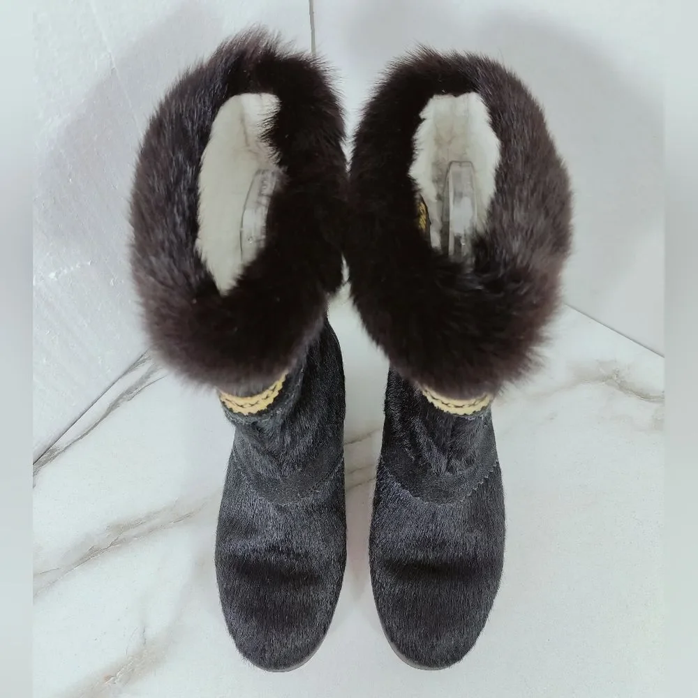 VTG Tecnica Black Goat Fur Aztec Style Trim Apres Ski Winter Snow Boots, 6